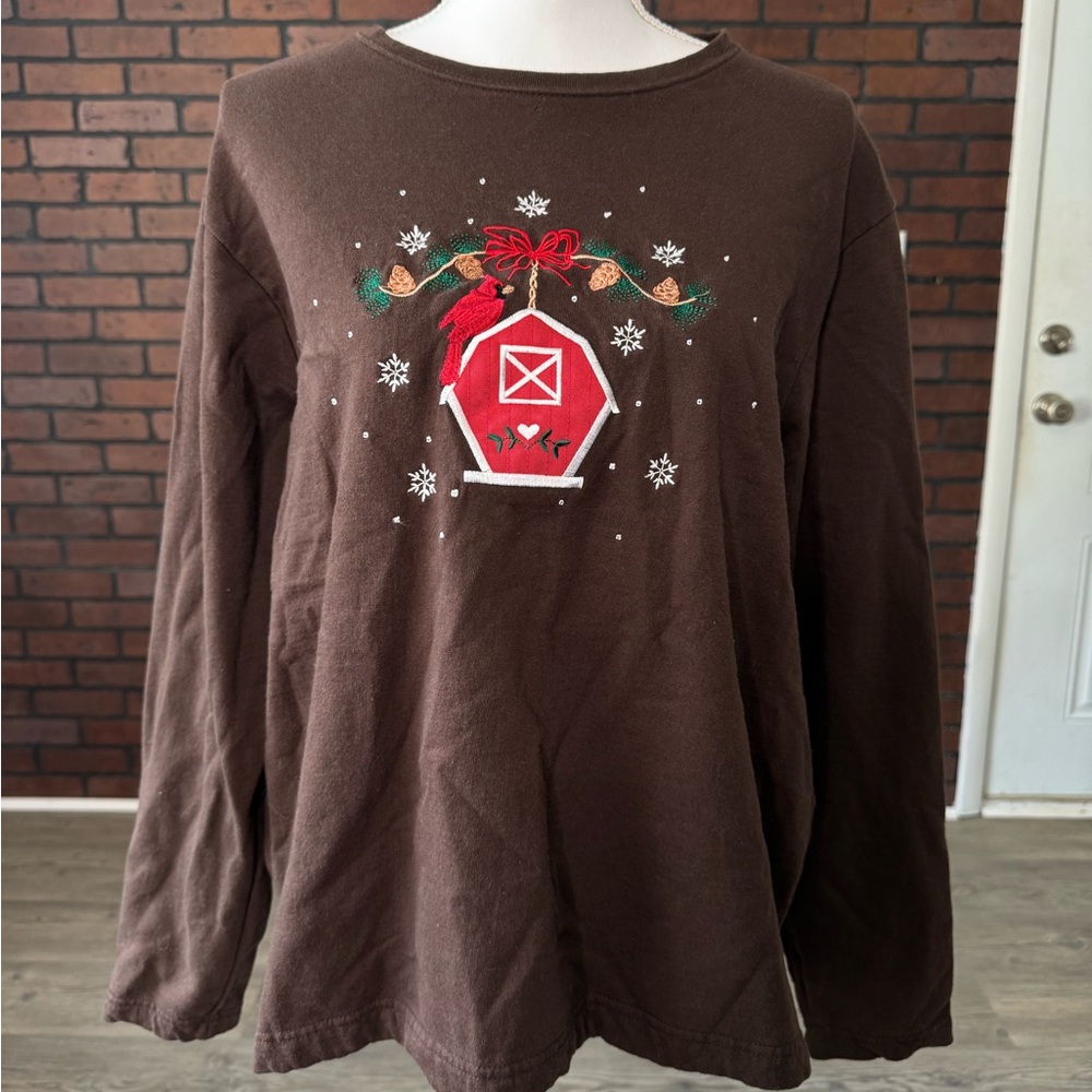 Vintage Pleasant Shade Christmas Crewneck‎ Cardinal Bird House Large